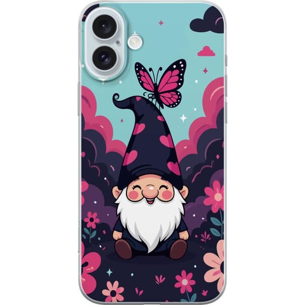Kompatibel Mobilcover til Apple iPhone 16 Plus Sød illustreret nisse med lyserøde hjerter, sommerfugl og blomster i lyserøde og mørkeblå nuancer blå