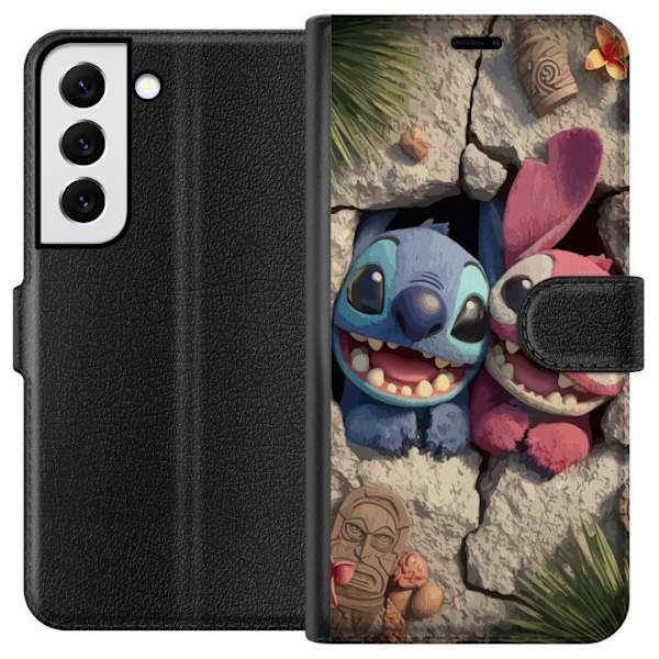 Samsung Galaxy S22+ 5G Lompakkokotelo Stitch Angel Lilo & Stitch Motiivi Disney Rakkaus Sarjakuvahahmo Suosittu Sininen Avaruusolio Hauska Disney-elok
