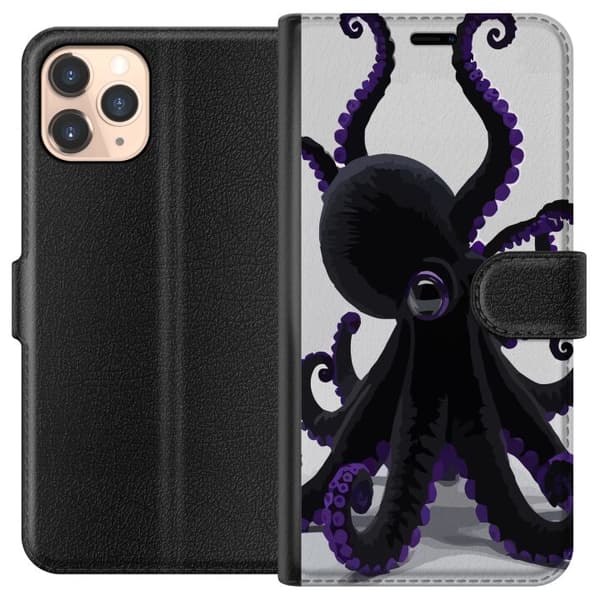 Kompatibel Tegnebogsetui til Apple iPhone 11 Pro Sort blæksprutte med lilla detaljer i et elegant havtema mod en lys baggrund sort