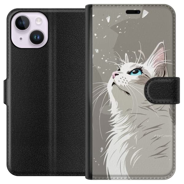 Kompatibel Tegnebogsetui til Apple iPhone 14 Stilren illustration af en hvid kat med blå øjne, der kigger opad mod en grå baggrund grå