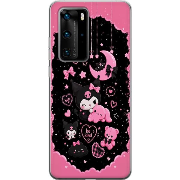 Kompatibel Mobilcover til Huawei P40 Pro Søde lyserøde og sorte gothfigurer med hjerter, måne, stjerner og positiv tekst sort