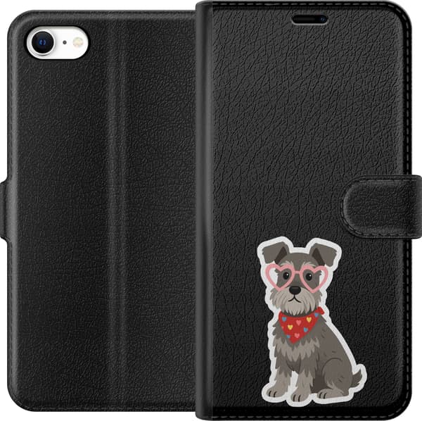 Kompatibelt Lommeboketui til Apple iPhone 6s Hjertebrillehund - Grått motiv med schnauzer med rosa hjertebriller. grå