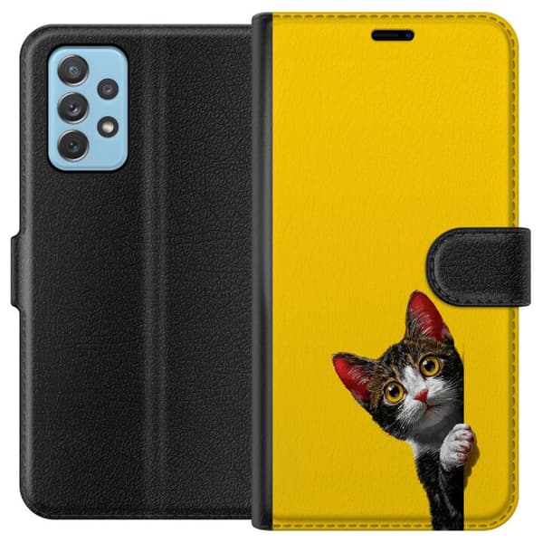 Kompatibel Tegnebogsetui til Samsung Galaxy A72 5G Sød kat, der kigger ud mod gul minimalistisk baggrund gul