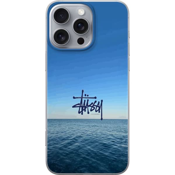 Kompatibelt Mobildeksel til Apple iPhone 16 Pro Max Havspanorama med blå himmel og stilig surf-inspirert logo blå