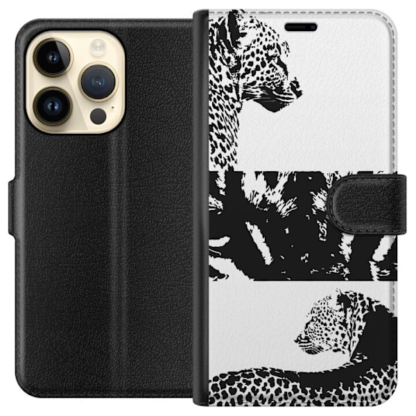 Apple iPhone 14 Pro Plånboksfodral Leopard Faces – trendigt mönster med leopardansikten