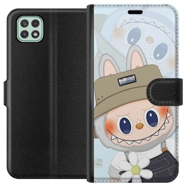 Samsung Galaxy A22 5G Plånboksfodral Labubu med hatt – Pop Mart-figur Mr. Butcher i retro stil med karaktär