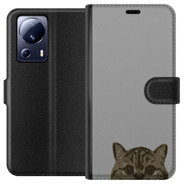 Xiaomi 13 Lite Plånboksfodral Grå Kattblick – stilren kattdesign med grå bakgrund
