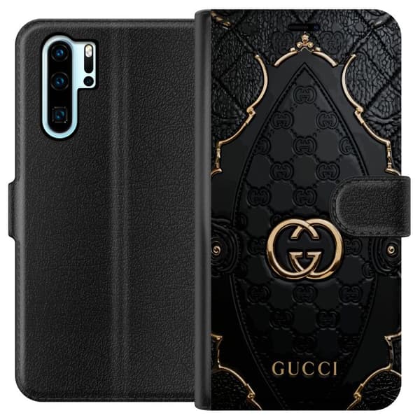 Kompatibel Tegnebogsetui til Huawei P30 Pro Sort quiltet monogrammønster med dekorative gulddetaljer og emblem sort