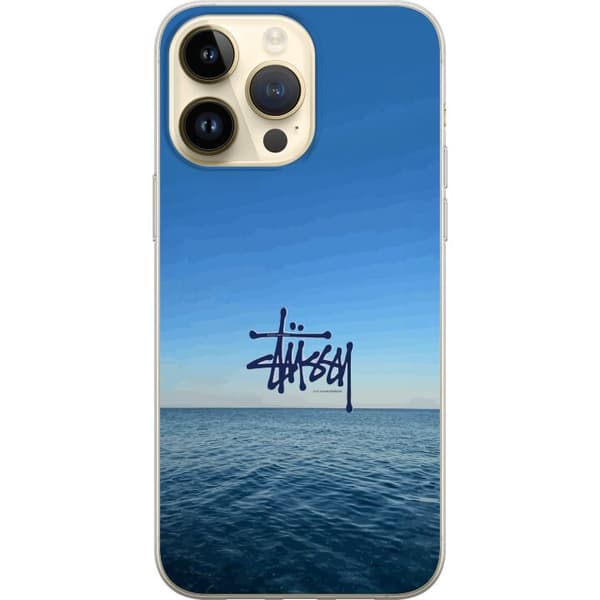 Kompatibelt Mobildeksel til Apple iPhone 14 Pro Max Havspanorama med blå himmel og stilig surf-inspirert logo blå