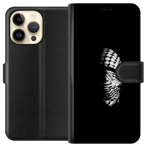 Apple iPhone 14 Pro Max Tegnebogsetui Keffiyeh-mønster - klassisk sort-hvid palæstinensisk tørklæde med kulturel betydning