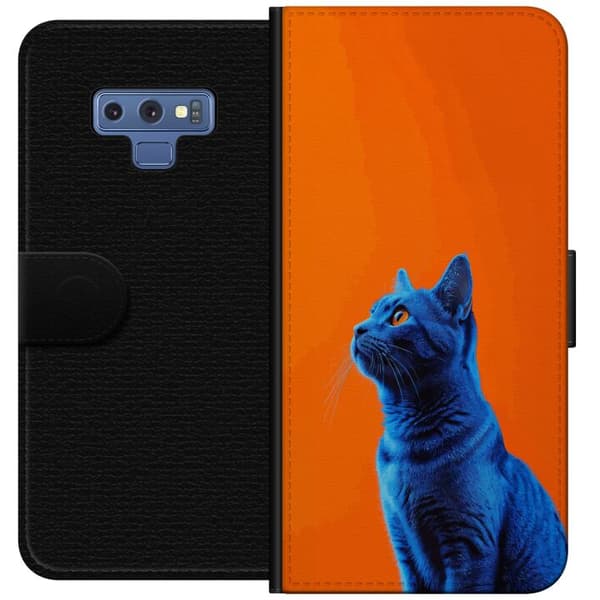 Kompatibel Tegnebogsetui til Samsung Galaxy Note9 Blå kat med orange baggrund i moderne popkunststil blå