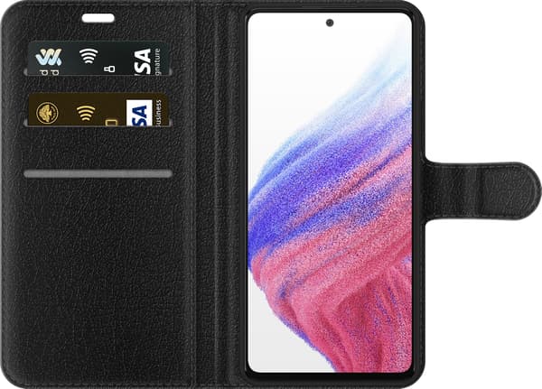 Kompatibel Tegnebogsetui til Samsung Galaxy A53 5G Audi – Sølvfarvede ringe – Fire sølvfarvede ringe over grå og sorte diagonale linjer på grå baggru grå