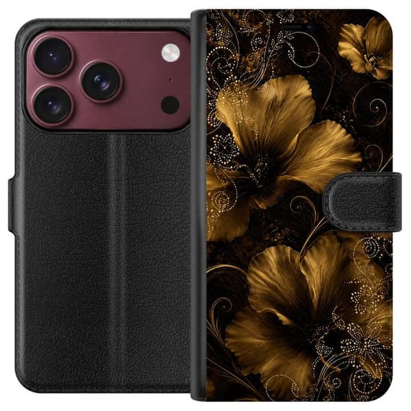 Kompatibel Tegnebogsetui til Apple iPhone 18 Pro Max Gylden Noir-blomstring sort