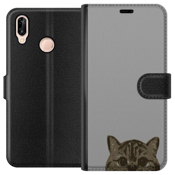 Huawei P20 lite Plånboksfodral Grå Kattblick – stilren kattdesign med grå bakgrund