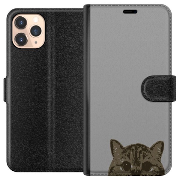 Apple iPhone 11 Pro Plånboksfodral Grå Kattblick – stilren kattdesign med grå bakgrund