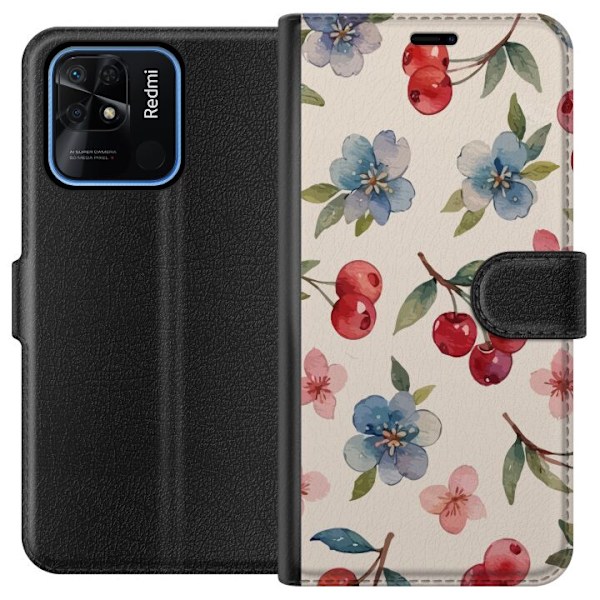 Xiaomi Redmi 10C Tegnebogsetui Bær & Blomster - mønster med blå blomster og skovbær