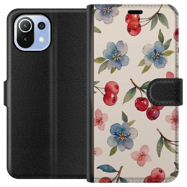 Xiaomi Mi 11 Lite Tegnebogsetui Bær & Blomster - mønster med blå blomster og skovbær