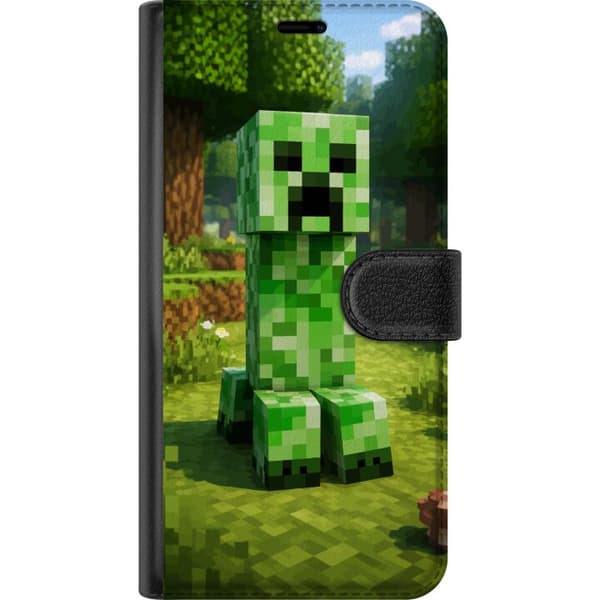 Kompatibelt Plånboksfodral till Google Pixel 6a blockbaserad Creeper-figur i grön pixelvärld, ikonisk spelillustration för barnrum, gamers och mobils
