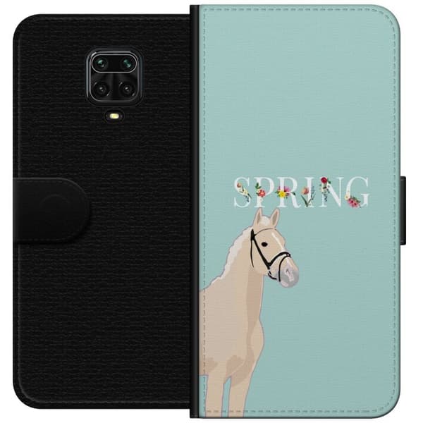 Kompatibel Tegnebogsetui til Xiaomi Redmi Note 9 Pro Lys hest med blomster og teksten "Spring" på mintgrøn baggrund grøn