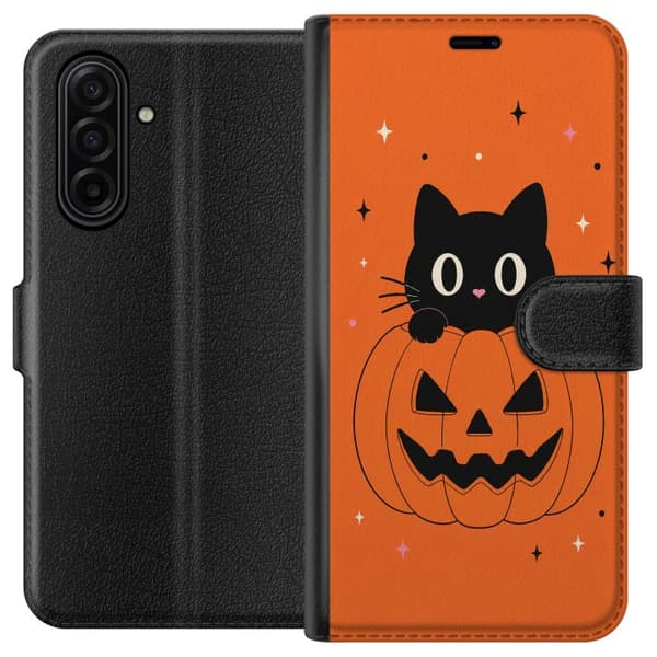 Kompatibel Tegnebogsetui til Samsung Galaxy A17 5G Sort kat og halloween-græskar med stjerner på orange baggrund orange