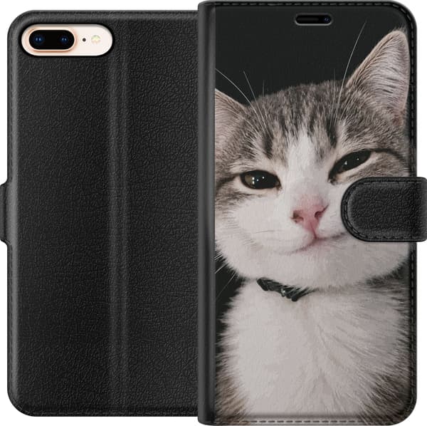 Kompatibel Tegnebogsetui til Apple iPhone 8 Plus Portræt af en sort-hvid kat med halsbånd på sort baggrund sort