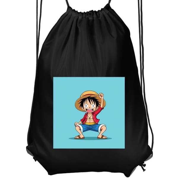 Gymnastikpose Sort Luffy med stråhat og rød jakke på lyseblå baggrund sort Barn