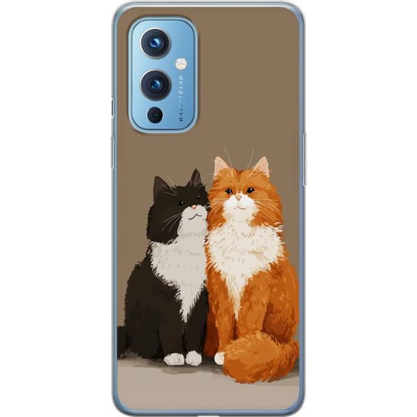 Kompatibel Mobilcover til OnePlus 9 Illustrerede sort-hvide og orange-hvide katte sammen mod brun baggrund brun