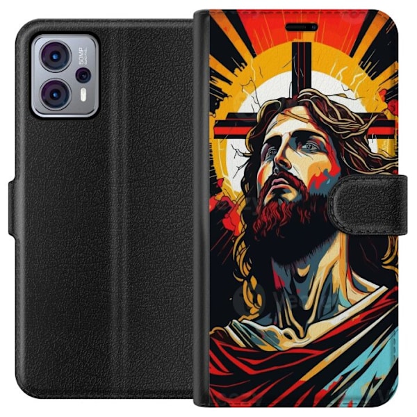 Motorola Moto G23 Lompakkokotelo Jeesus ja Kortti - uskonnollinen motiivi syvällä symboliikalla