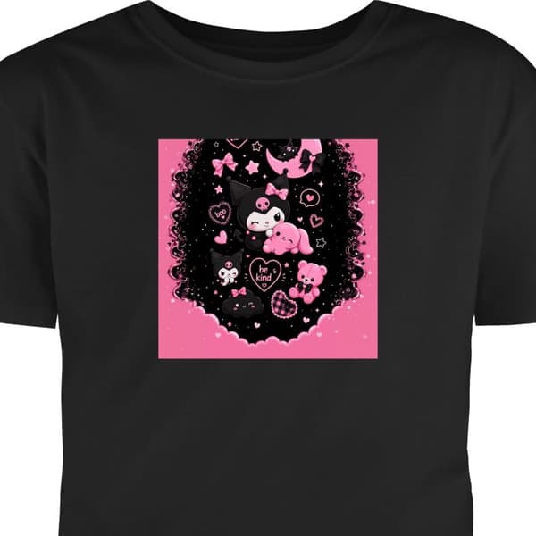 Børne T-shirt Sort 9-11 År Søde pinke og sorte gothfigurer med hjerter, måne, stjerner og positiv tekst sort 9-11 År