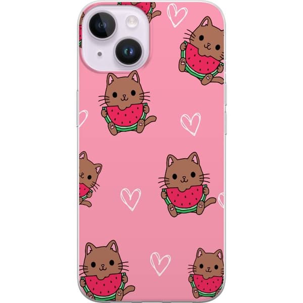Kompatibelt Mobildeksel til Apple iPhone 14 Katt med vannmelon på rosa bakgrunn