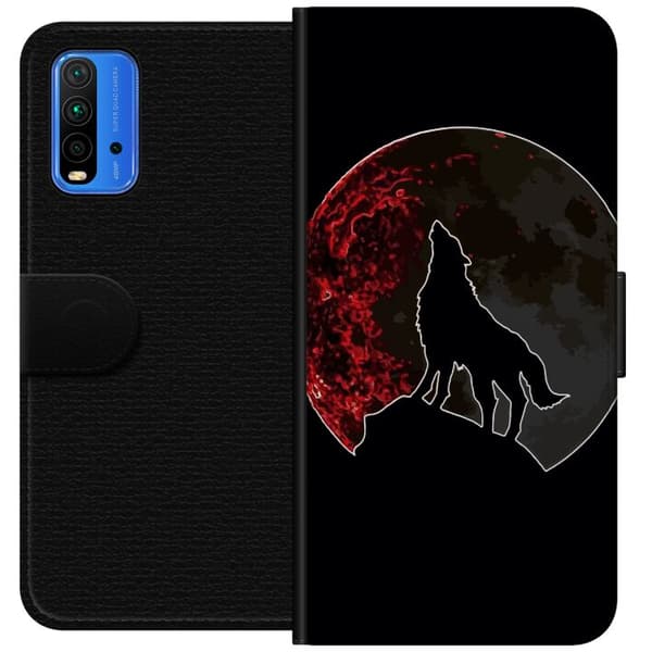 Kompatibel Tegnebogsetui til Xiaomi Redmi Note 9 4G Sort silhuet af en hylende ulv foran en dramatisk rød måne mod sort baggrund sort