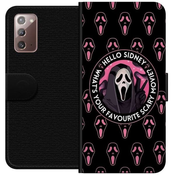 Kompatibel Tegnebogsetui til Samsung Galaxy Note20 Sort og rosa skrækmotiv med maskerede figurer og teksten Hello Sidney sort
