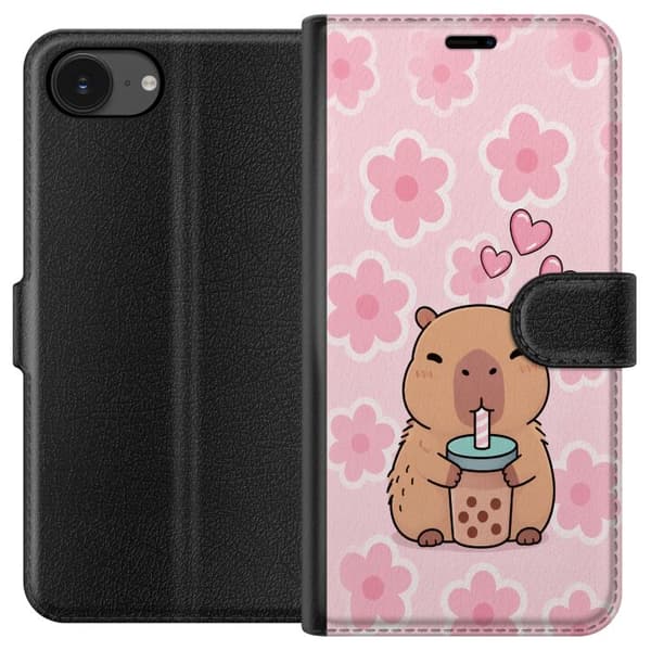 Kompatibel Tegnebogsetui til Apple iPhone 17e Sød tegnet kapybara, der drikker bubble tea blandt lyserøde blomster og skinnende hjerter på lyserød ba pink