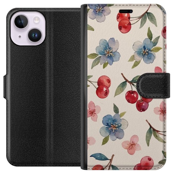 Apple iPhone 14 Plånboksfodral Bär & Blommor – mönster med blå blommor och skogsbär