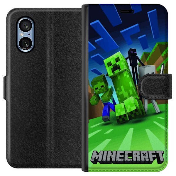 Sony Xperia 5 V Lompakkokotelo Minecraft Creeper mobilskal i klassisk grön pixelstil