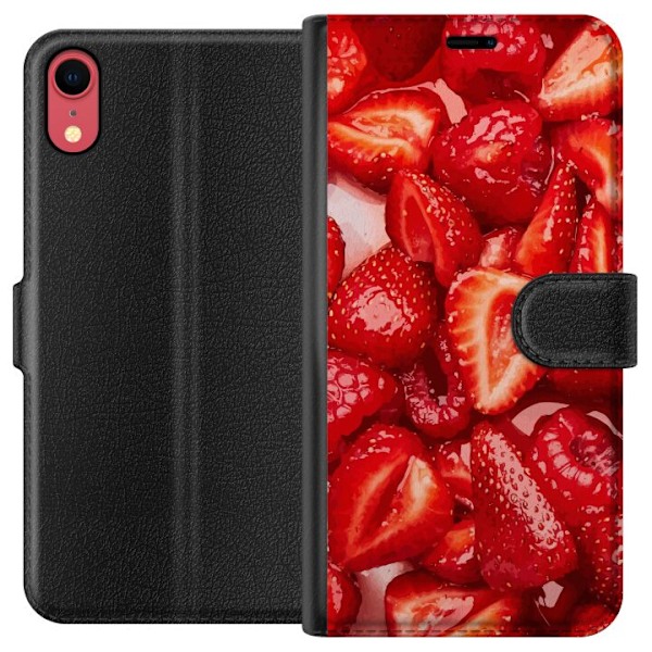 Apple iPhone XR Lompakkokotelo Mansikkakuviointi - makea motiivi kesäfiiliksellä