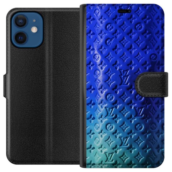 Kompatibelt Lommeboketui til Apple iPhone 12 mini Blått luksuriøst monogrammønster med elegant preget tekstur blå