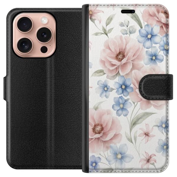 Kompatibel Tegnebogsetui til Apple iPhone 16 Pro Romantiske lyserøde og blå blomster i bløde pastelfarver med elegant botanisk motiv til mobilcovers pink