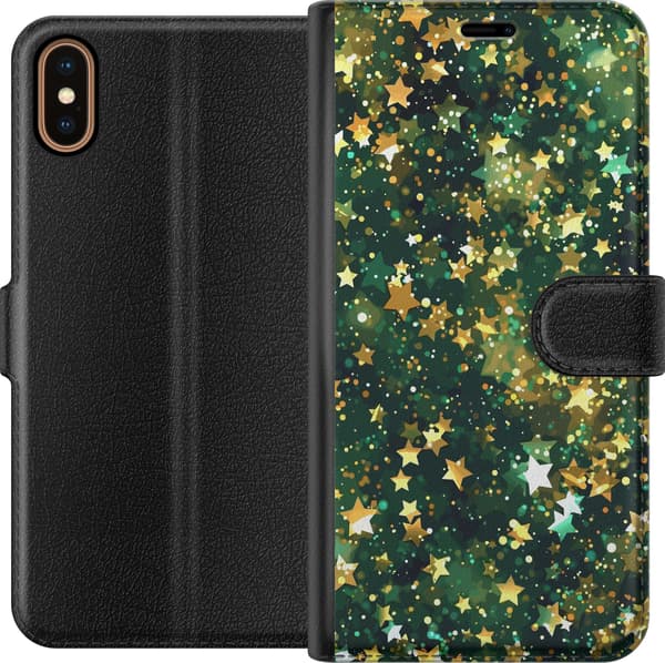 Kompatibelt Lommeboketui til Apple iPhone X Glitrende gullstjerner og lyspunkter på dypgrønn bakgrunn grønn