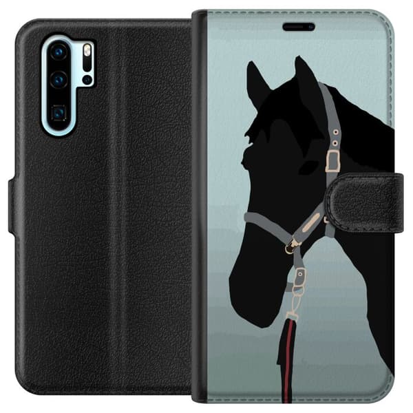 Kompatibel Tegnebogsetui til Huawei P30 Pro Minimalistisk sort hest i profil med grime mod lyseblå baggrund blå