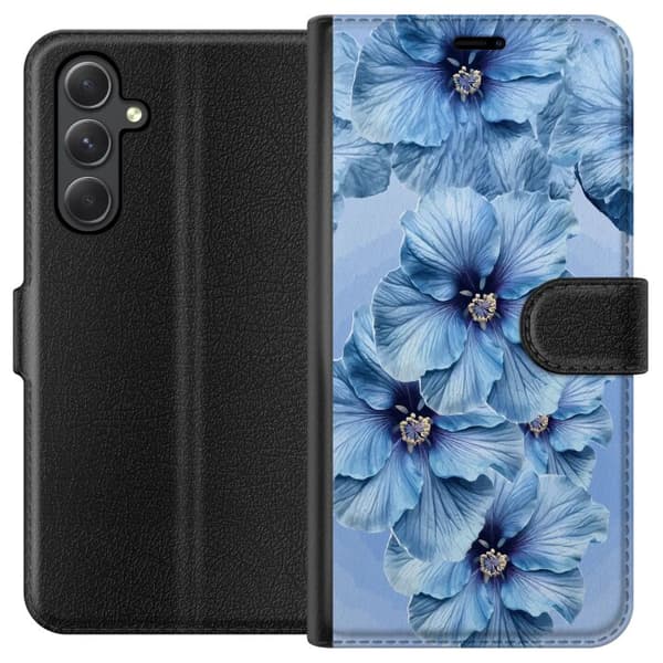 Kompatibel Tegnebogsetui til Samsung Galaxy A05s Store lyseblå blomster med mørkeblå centre mod blå baggrund blå