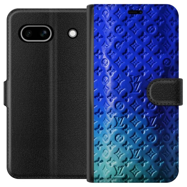 Kompatibelt Lommeboketui til Google Pixel 7a Blått luksuriøst monogrammønster med elegant preget tekstur blå