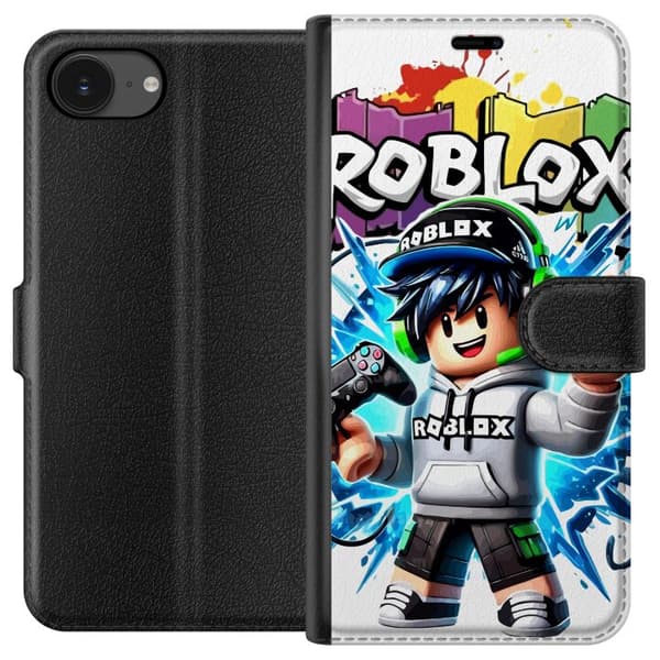 Kompatibel Tegnebogsetui til Apple iPhone 17e Roblox spilkarakter med headset og controller foran farvesprøjt
