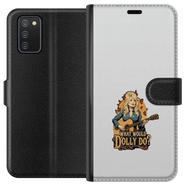 Kompatibelt Plånboksfodral till Samsung Galaxy A02s Dolly Parton med gitarr och fjärilar grå