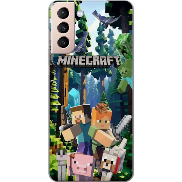 Samsung Galaxy S21 Genomskinligt Skal Minecraft mobilskal med skog och figurer i pixelstil