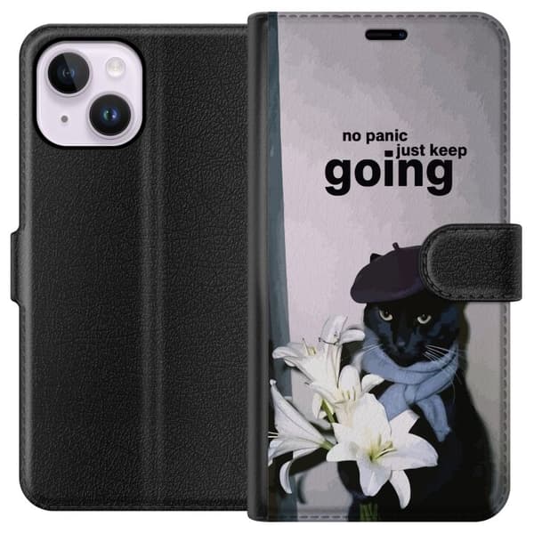 Kompatibel Tegnebogsetui til Apple iPhone 14 Plus Sort kat med basker og hvide blomster sammen med motiverende citater, charmerende dyremotiv grå