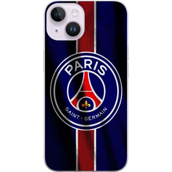 Kompatibelt Mobildeksel til Apple iPhone 14 Paris Saint-Germain-emblem med Eiffeltårnet i sentrum, vertikal stripe i rødt og hvitt på blå tekstur