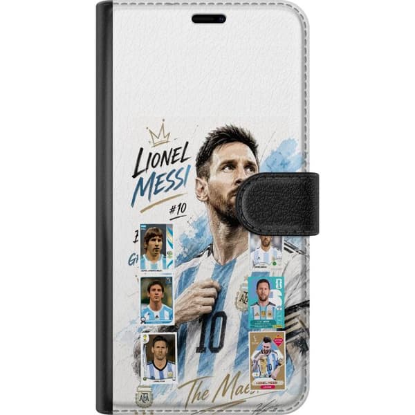 Kompatibel Tegnebogsetui til Apple iPhone 14 Pro Max Lionel Messi med argentinske farver og klassiske samleobjektkort i collage blå