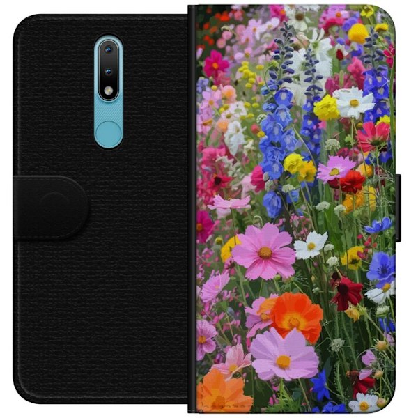 Nokia 2.4 Lompakkokotelo Kukkakuvioinen mobiilikuori kesäisellä niityllä ja luontomaisemalla