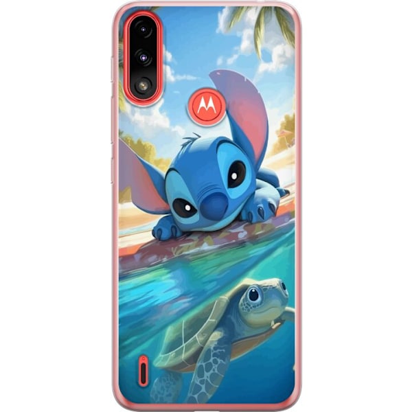 Motorola Moto E7 Power Läpinäkyvä kuori Stitch kilpikonnalla - söpö sininen avaruusolento trooppisessa rantaympäristössä Disneyn tapaan